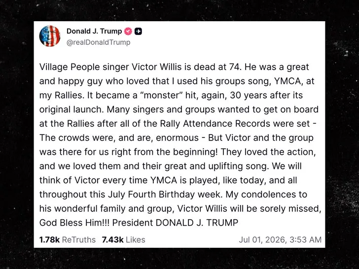 Трамп почтил память солиста Village People Виктора Уиллиса
