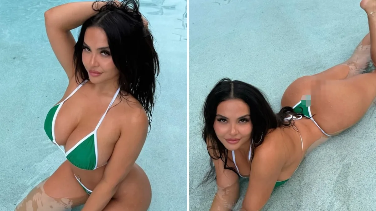 Stella Hudgens Rocks Green Thong Bikini in Poolside Pics