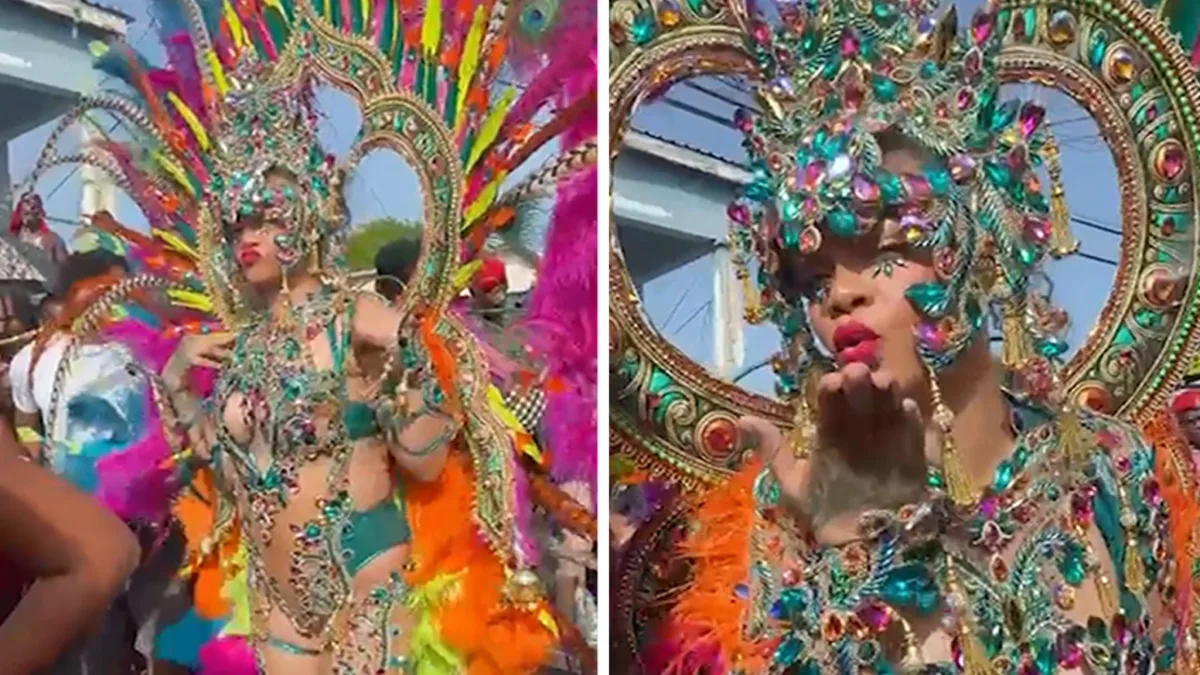 Rihanna Dances at Barbados Carnival in Feather Costume